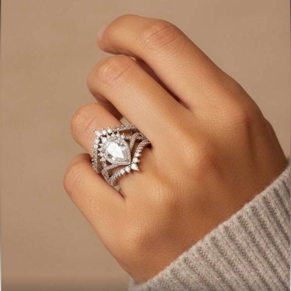 Elegant 3 Stacking 925 Sterling  Silver Teardrop Ring